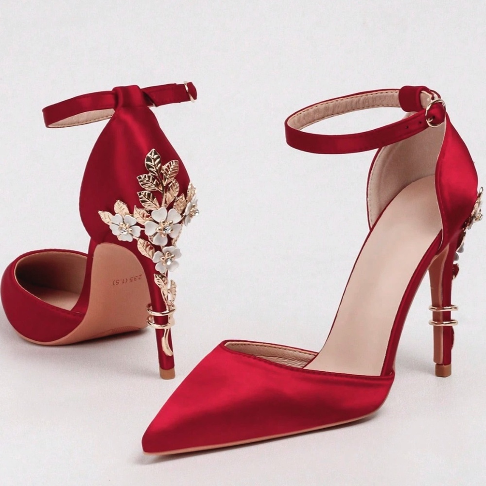 Red Satin High Heel Shoes Embellished Flowers Metal Gold Detail